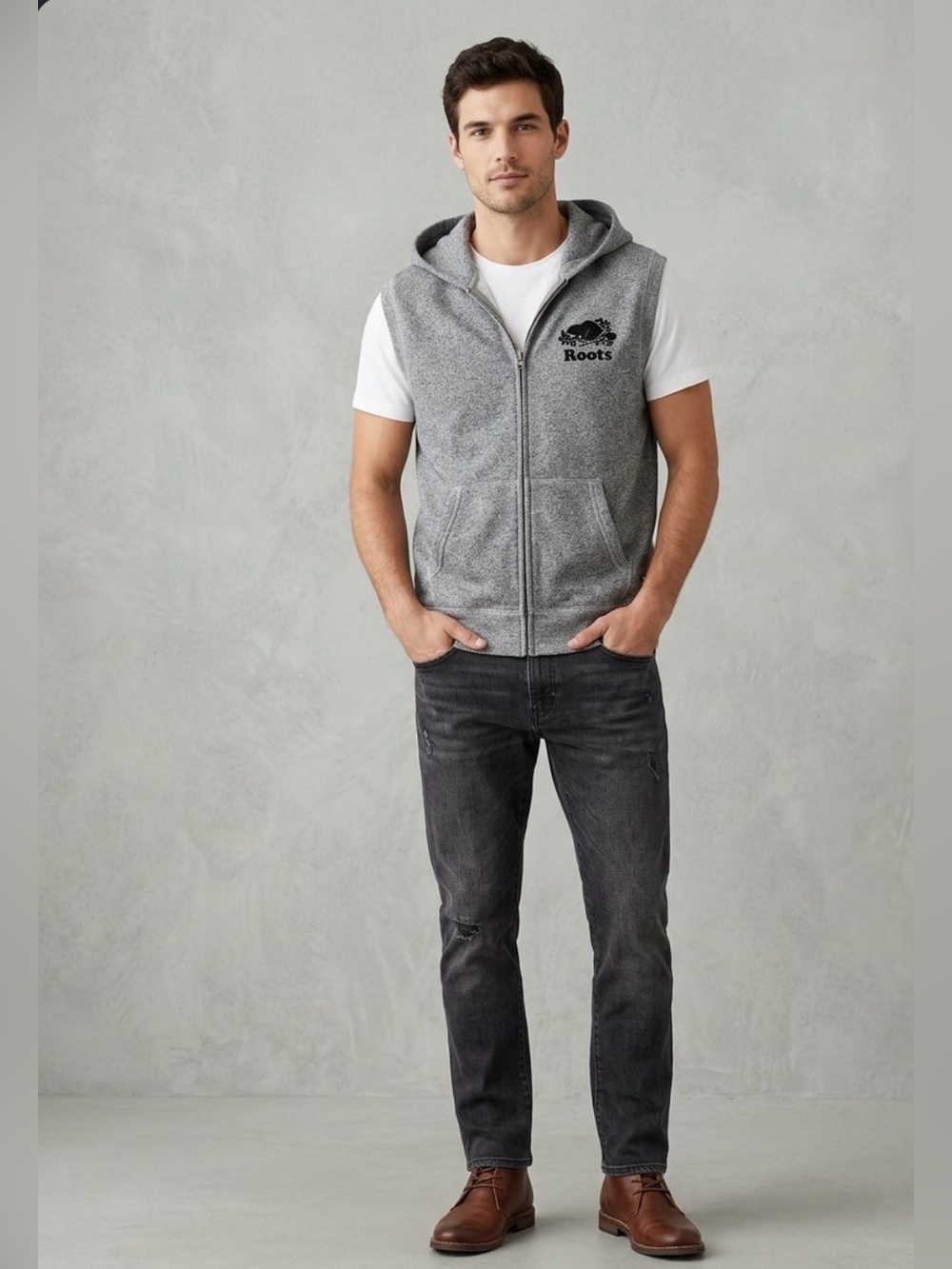 Vintage Roots Men’s Gray Full-Zip Sleeveless Hoodie Jacket